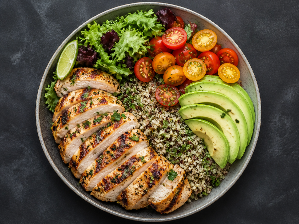 Prato equilibrado com frango grelhado, quinoa, abacate e tomate